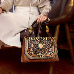 Vintage Floral Handbag Caramel Brown Zip