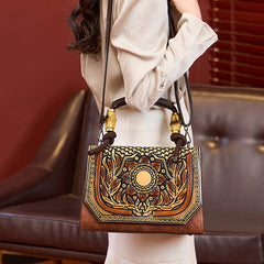 Vintage Floral Handbag Caramel Brown Zip