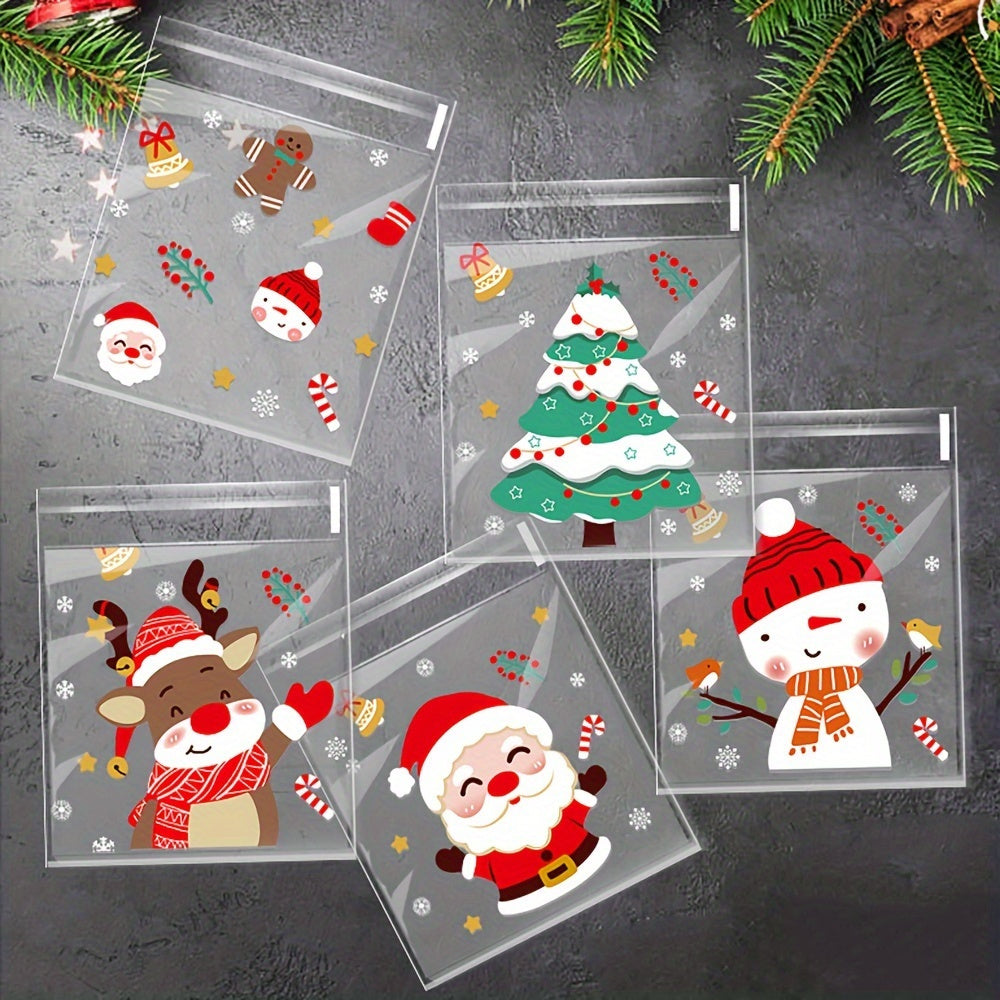 100 Christmas Treat Bags 5 Cartoon Designs Plastic Cookie Candy Bags