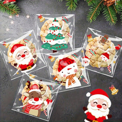 100 Christmas Treat Bags 5 Cartoon Designs Plastic Cookie Candy Bags