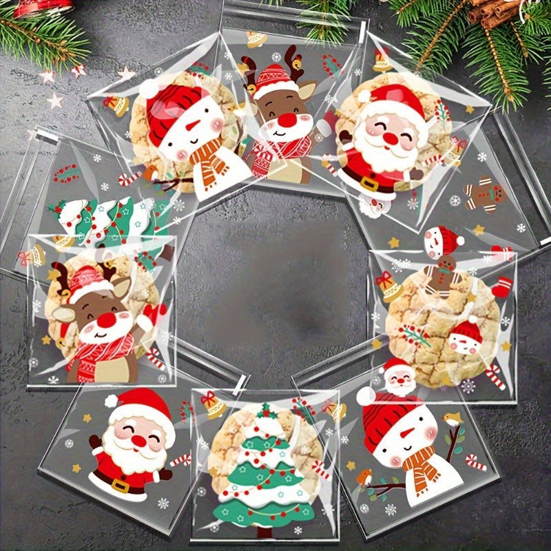 100 Christmas Treat Bags 5 Cartoon Designs Plastic Cookie Candy Bags