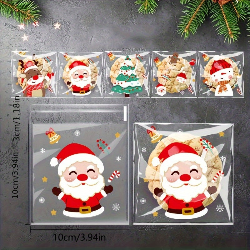 100 Christmas Treat Bags 5 Cartoon Designs Plastic Cookie Candy Bags