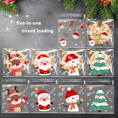 100 Christmas Treat Bags 5 Cartoon Designs Plastic Cookie Candy Bags