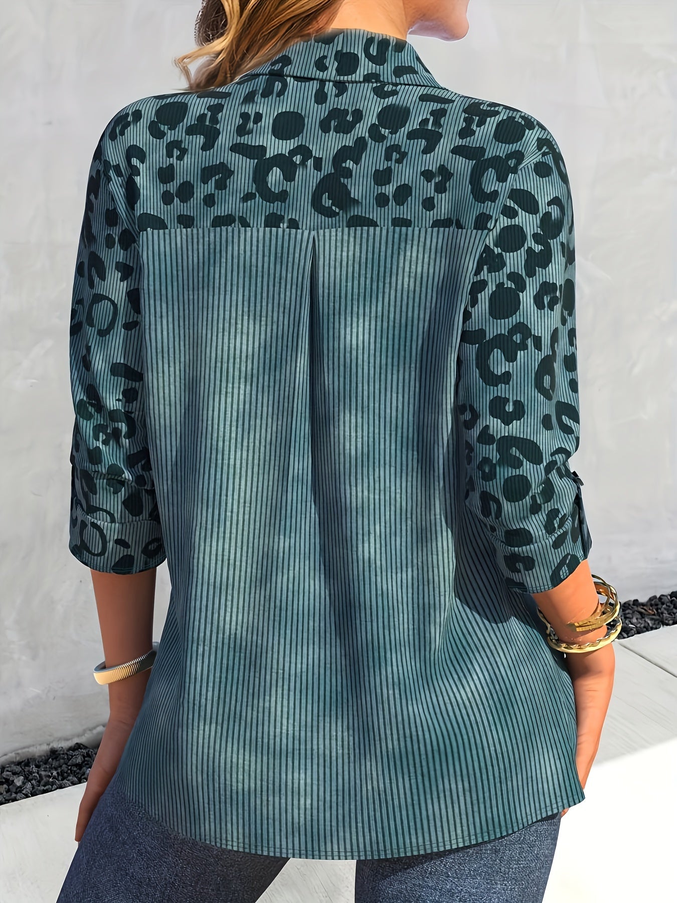  Colorblock Leopard Print Ribbed Button Up Collar Shirt