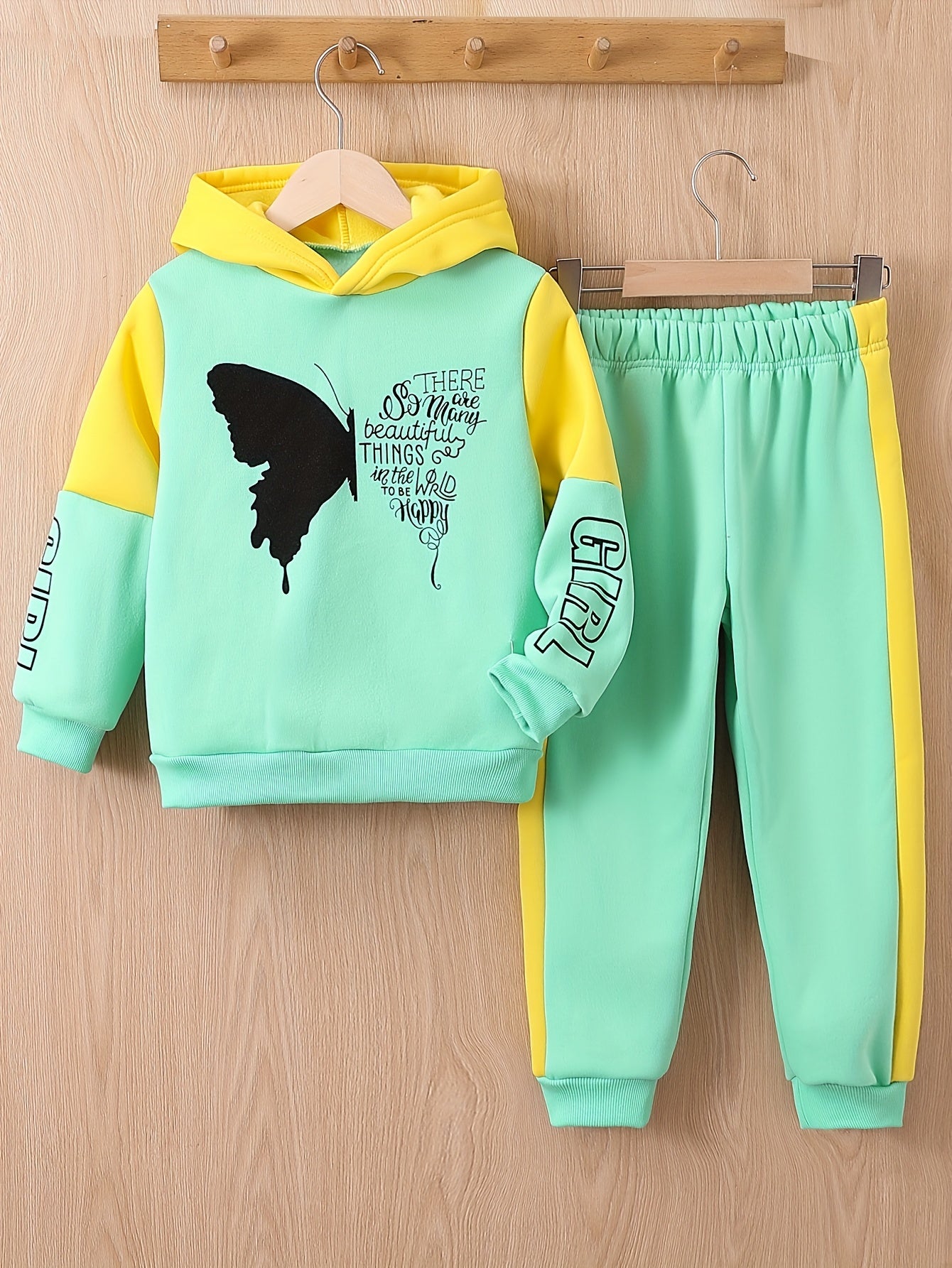 Girls Butterfly Print Fleece Hooded Sweatshirt And Trousers Set