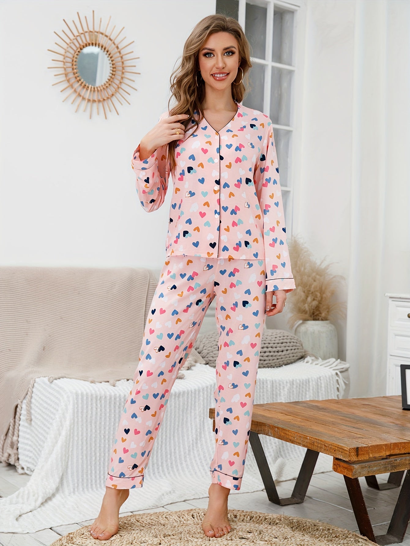 Heart Print Pajama Set Long Sleeve V Neck Buttons Top & Lounge Pants