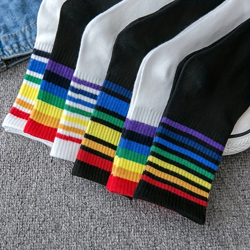 Rainbow Striped Trim Socks & Funny Crew Mid Tube Socks Women's Stockings