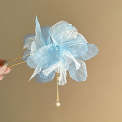 Chiffon Flower Hair Pin w/ Pearl Tassel Chinese Style Hair Clip Prom Accessories