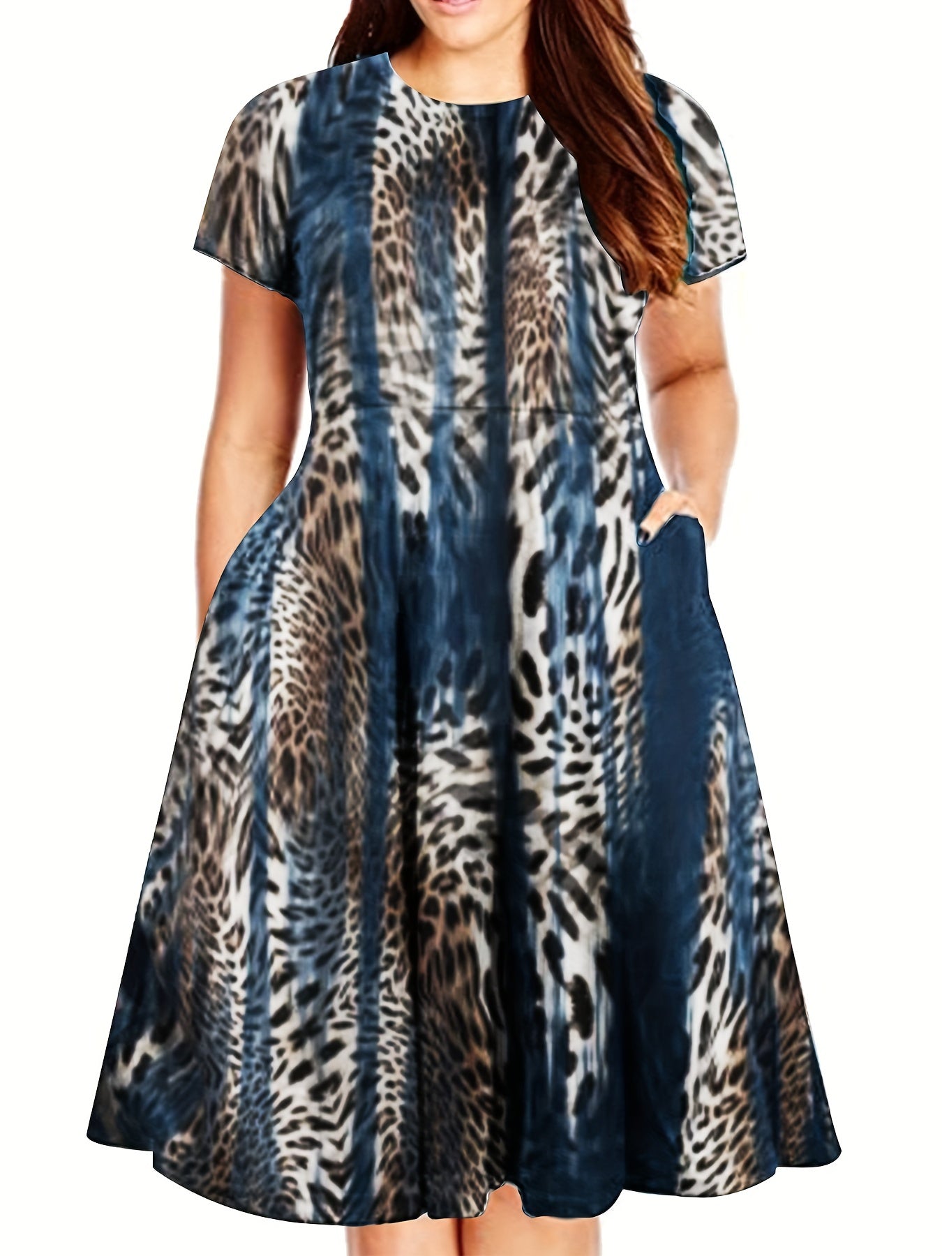 Leopard Print Short Sleeve Casual Dress with Pockets