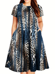 Leopard Print Short Sleeve Casual Dress with Pockets