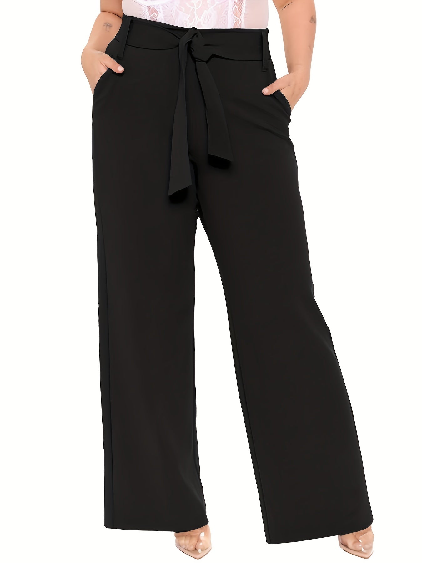  Wide Leg Trousers With Belt & Pockets