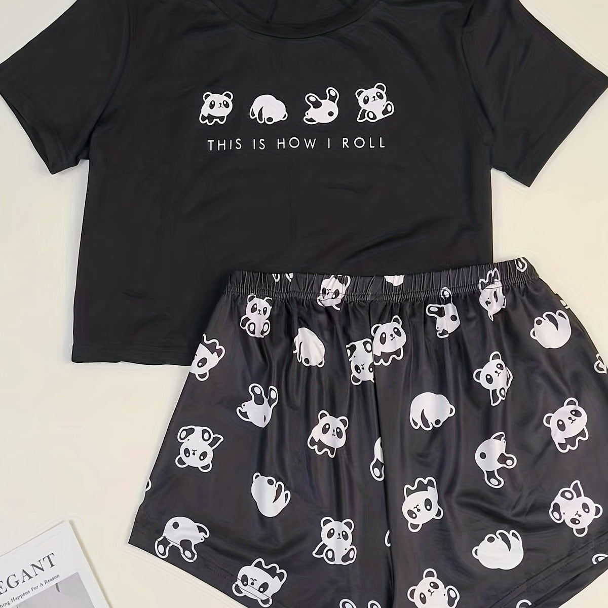  Cartoon Panda Print Pajamas Set Women's 2pcs Lou,