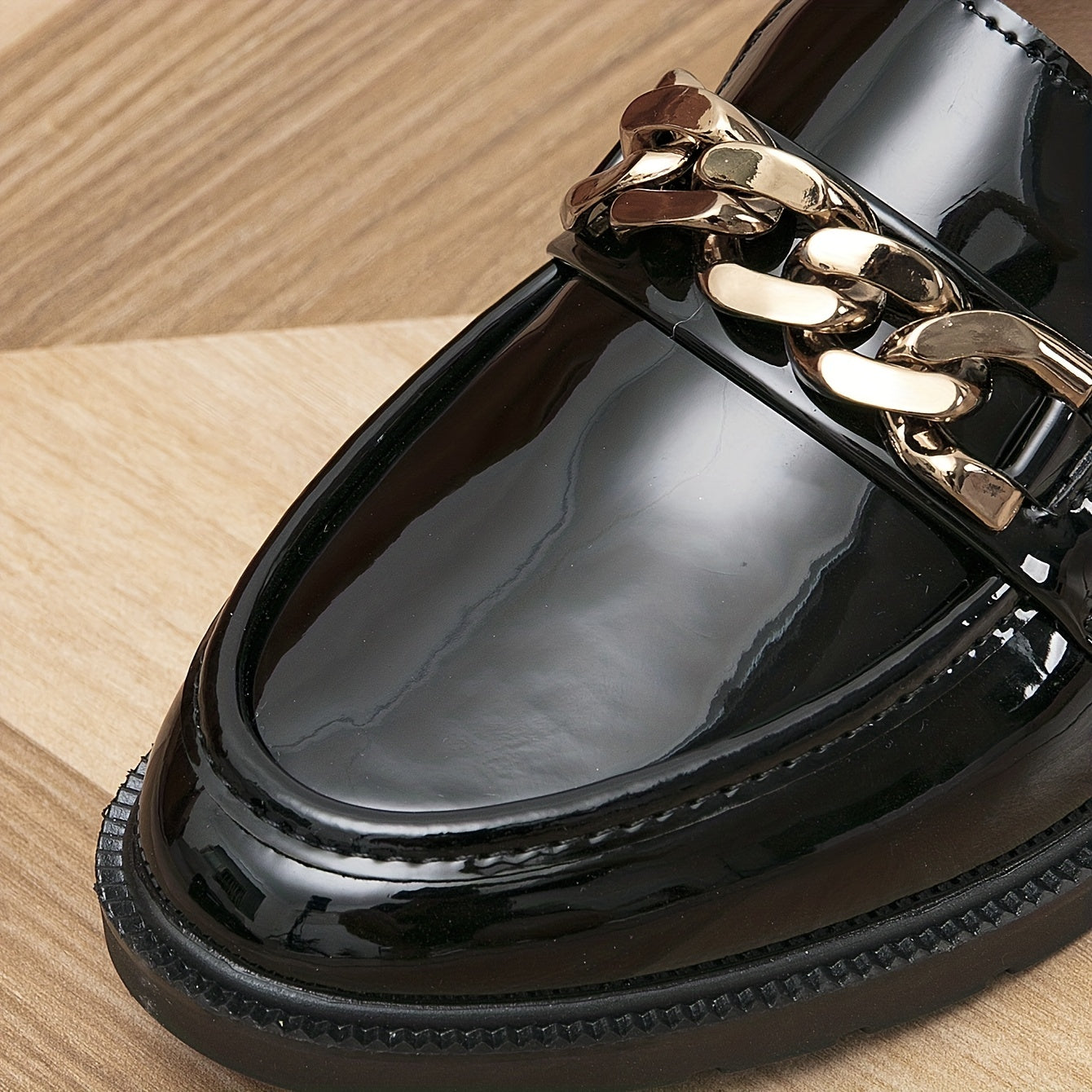 Women's Metallic Chain Decor Loafers Slip On Low Round Toe Non slip Patent Leath