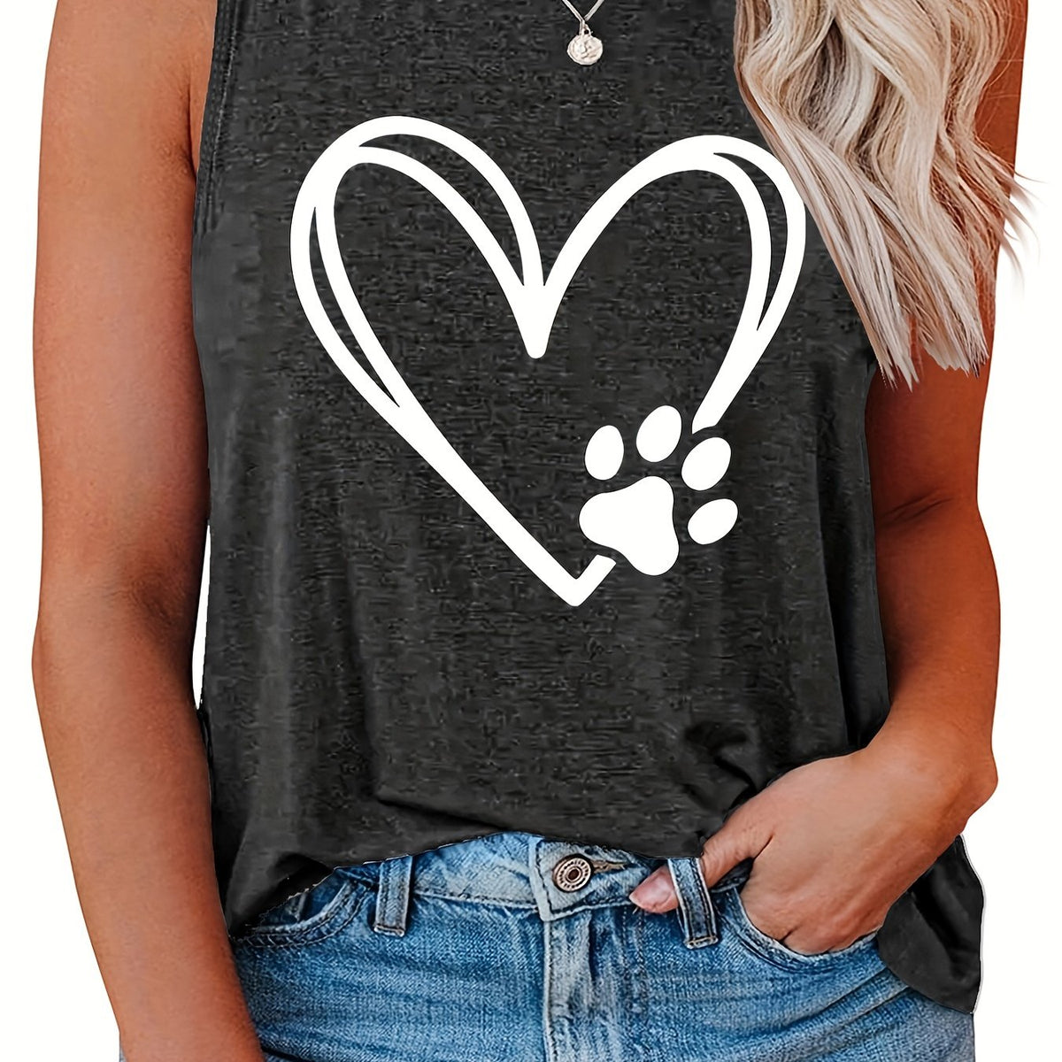  Heart & Paw Print Round Neck Tank Top