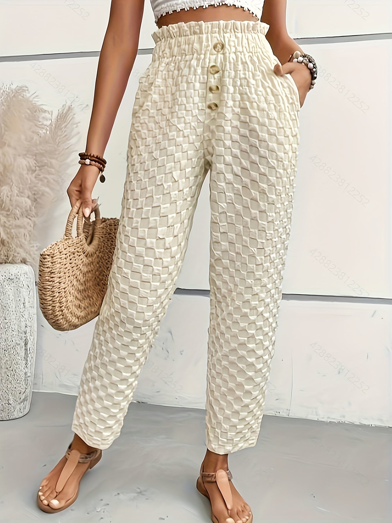  Women's Textured Button High Rise Straight Leg Trousers