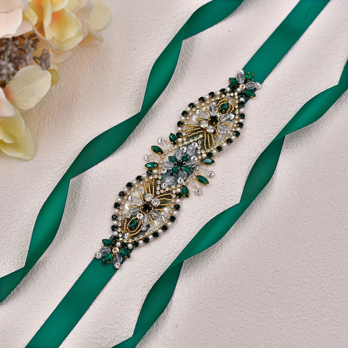 Vintage Rhinestone Waist Belt Sparkling Crystals Green Ribbon Bridal Sash