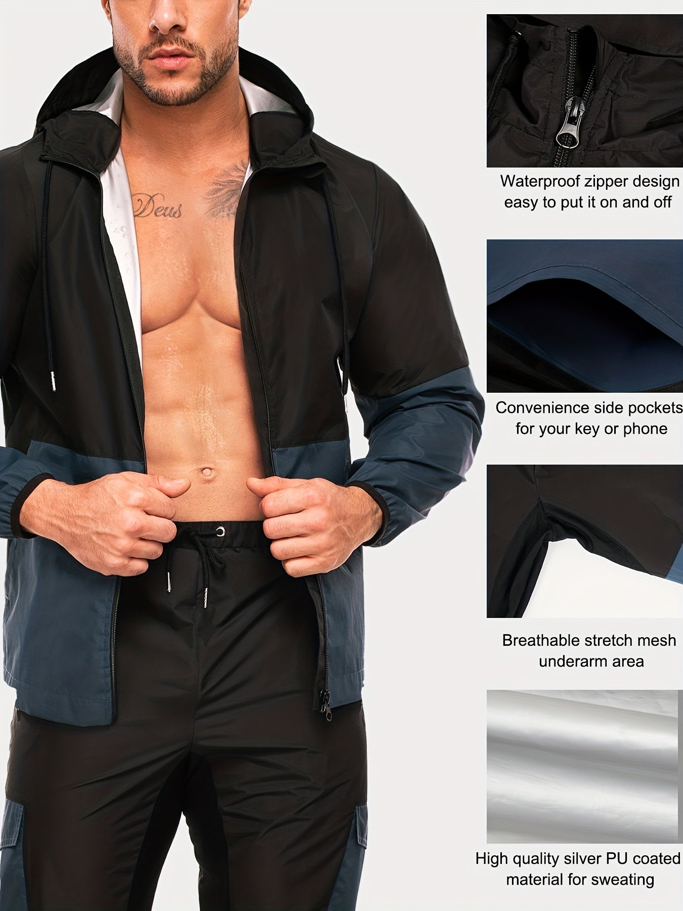 Men's Sauna Sweat Jacket Block Hooded Workout Clothing for Gym