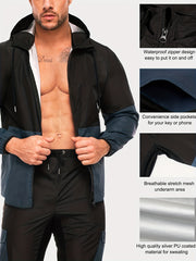 Men's Sauna Sweat Jacket Block Hooded Workout Clothing for Gym
