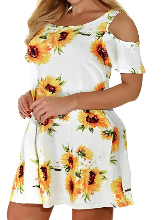 Women's Plus Sunflower Print Cold Shoulder Dress