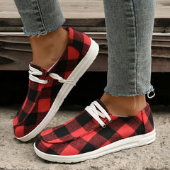 Women's Plaid Canvas Shoes Round Toe Lace Up Flat Sneakers