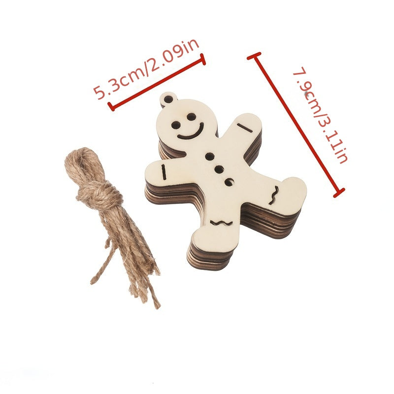 10pcs Wooden Gingerbread Men Decoration with Hemp Rope