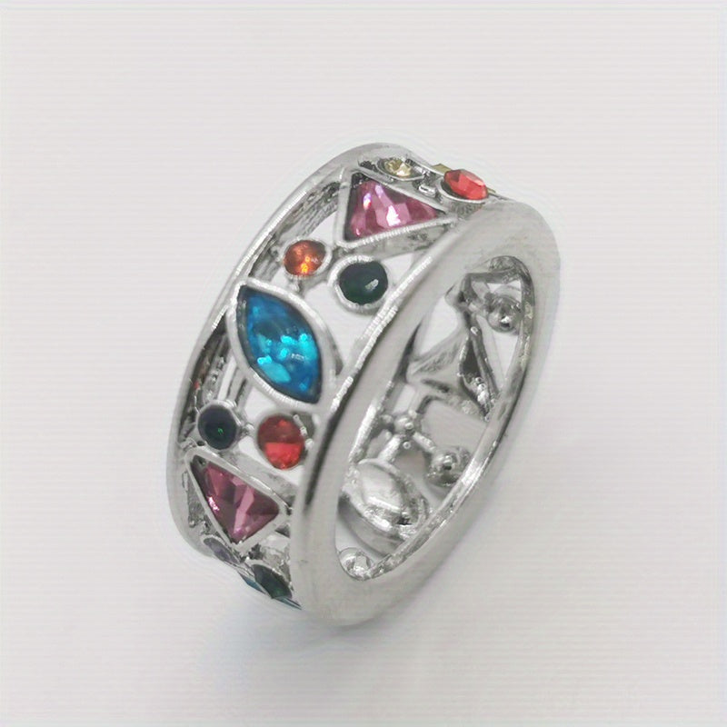 Colorful Rhinestones Women's Ring 925 Silver Plated Boho Style Hand Jewelry
