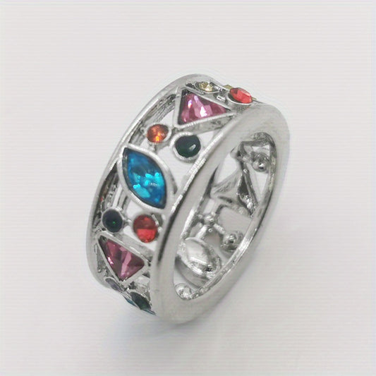 Colorful Rhinestones Women's Ring 925 Silver Plated Boho Style Hand Jewelry