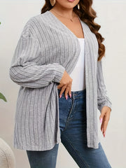  Solid Ribbed Long Sleeve Open Front Cardigan