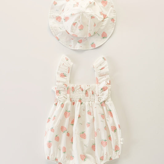 2pcs Baby Girls Floral Strawberry Print Onesie & Hat Set