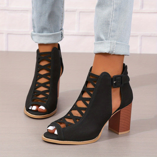 Women's Chunky Heeled Sandals Peep Toe Cut out Buckle Strap Retro High Heels