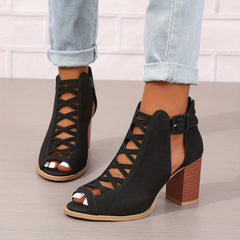 Women's Chunky Heeled Sandals Peep Toe Cut out Buckle Strap Retro High Heels