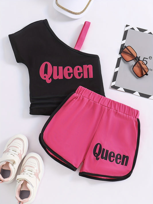 Girls 2pcs One Shoulder Short Sleeve Top & Short Sets Summer Clothes