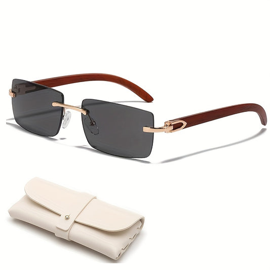 Wood Grain Rectangle Rimless Sunglasses UV400 Sun Shades