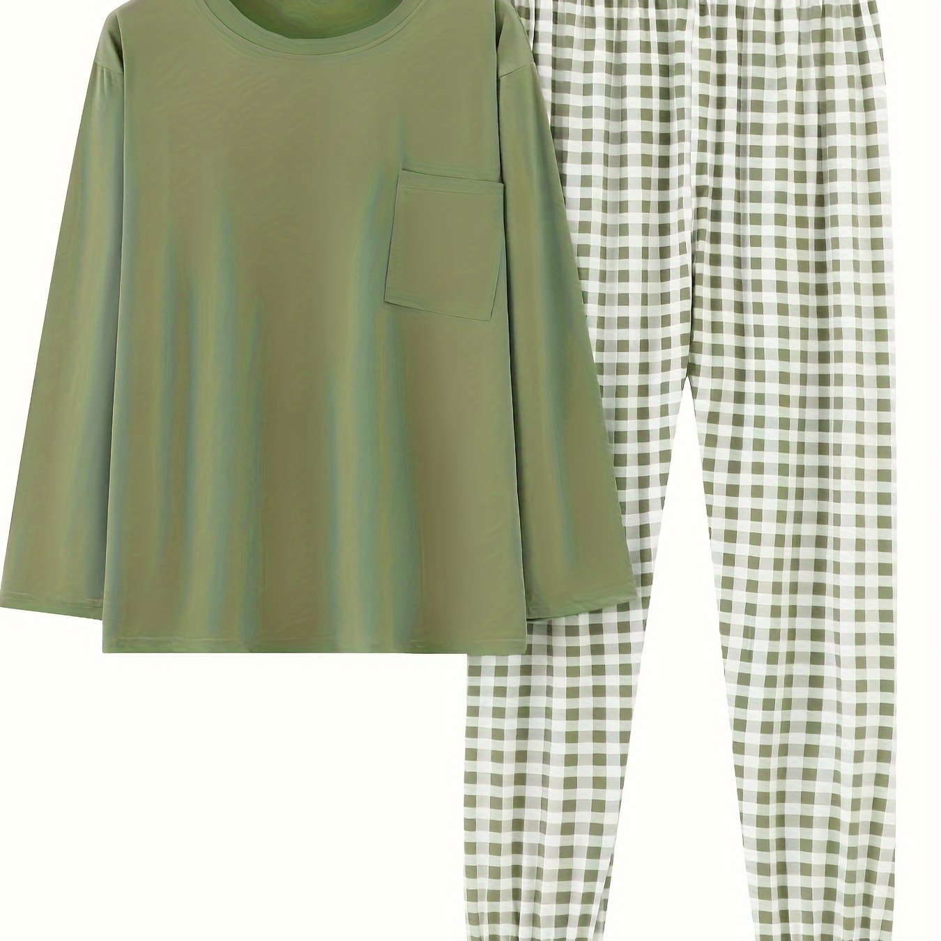  Casual Pajamas Set Long Sleeve Tee & Plaid Pants Loungewear 2pcs