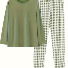  Casual Pajamas Set Long Sleeve Tee & Plaid Pants Loungewear 2pcs