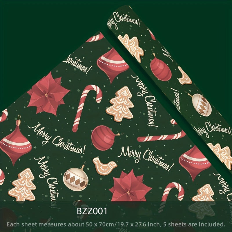5pcs Christmas Gift Wrapping Paper, Santa Reindeer Snowman Pattern