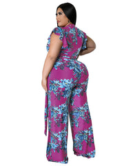 Floral Print Cap Sleeve Jumpsuit Women's Plus Size