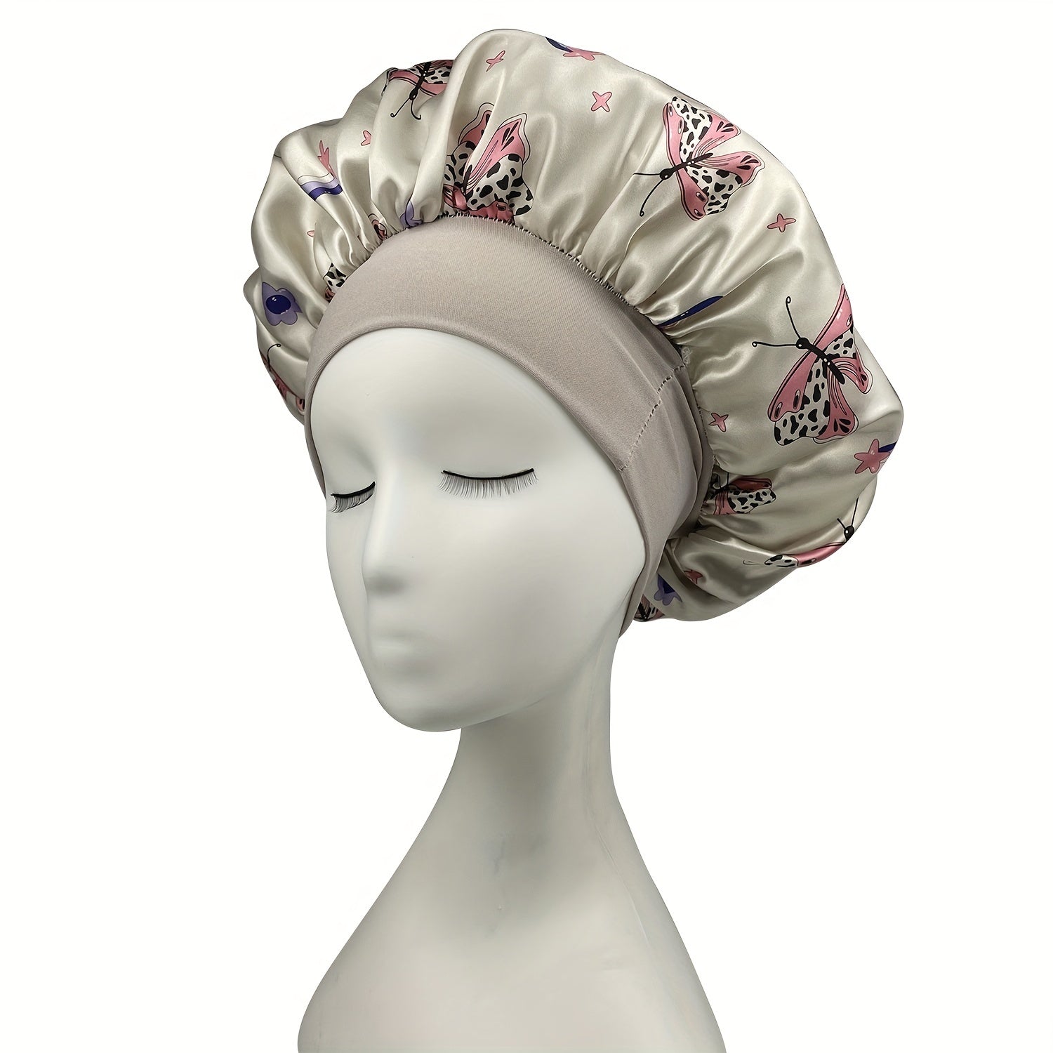 Gray Butterfly Print Bonnet Shower Cap Satin Head Wrap