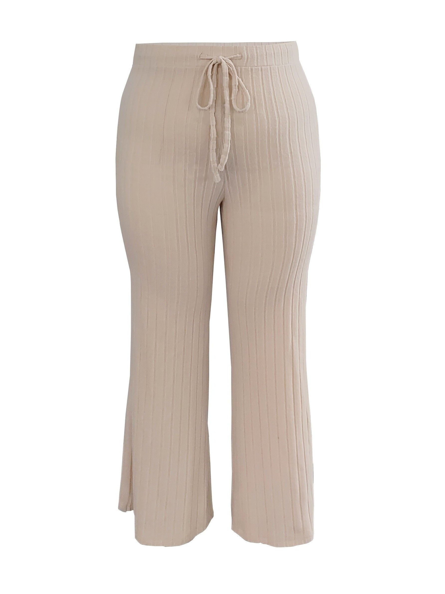  Solid Ribbed Drawstring Elastic High Rise Pants