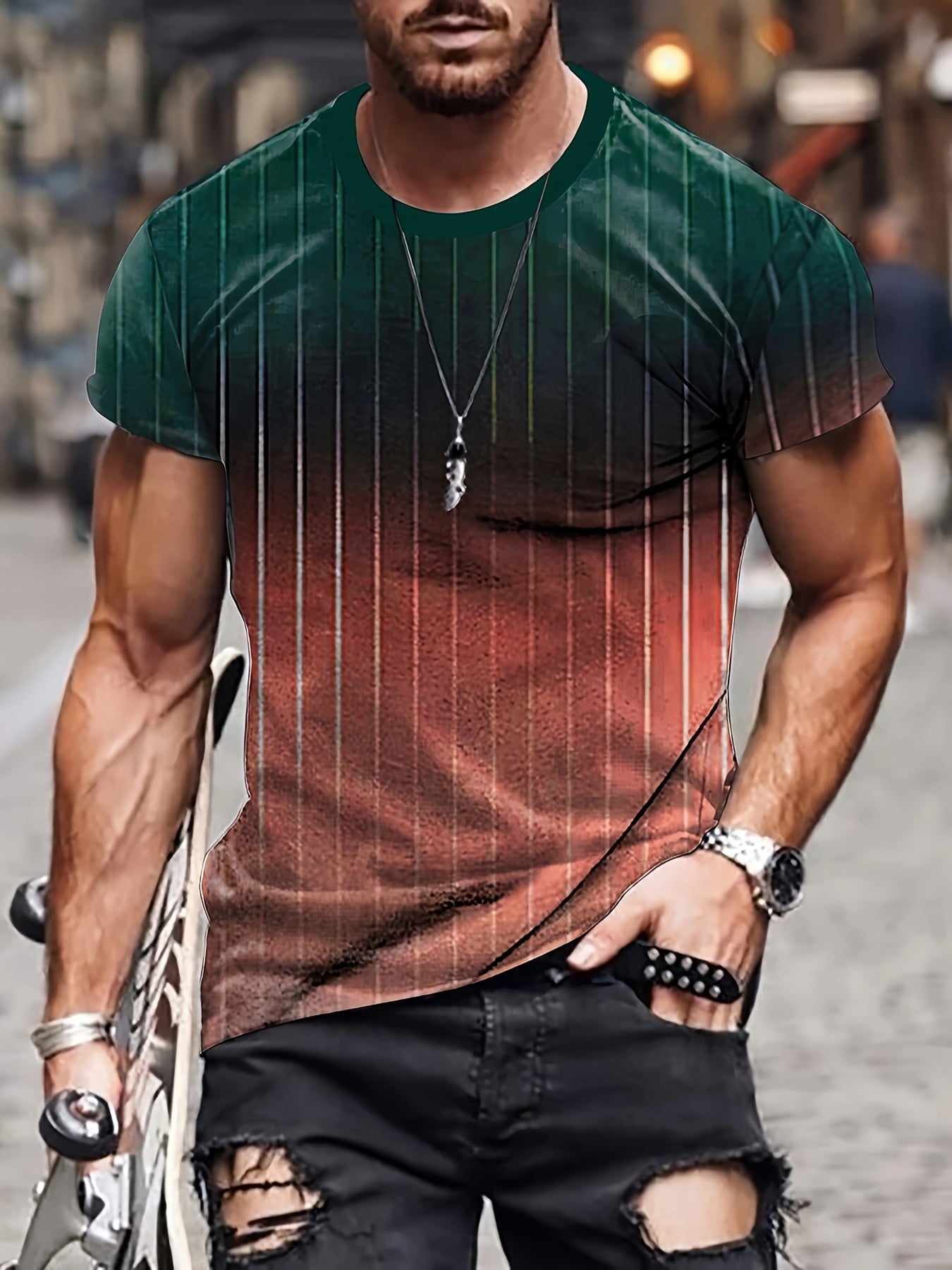 Men's Striped Sports T-shirt Round Neck Tee for Summer