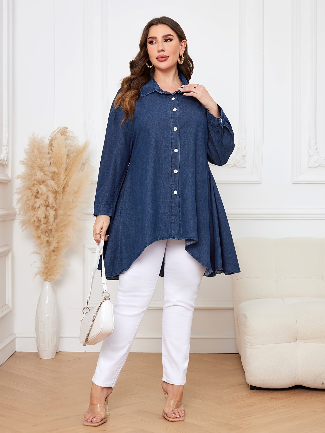  Casual Denim Top Women's Plus Solid Button Up Long Sleeve Tunic
