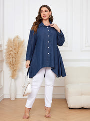  Casual Denim Top Women's Plus Solid Button Up Long Sleeve Tunic