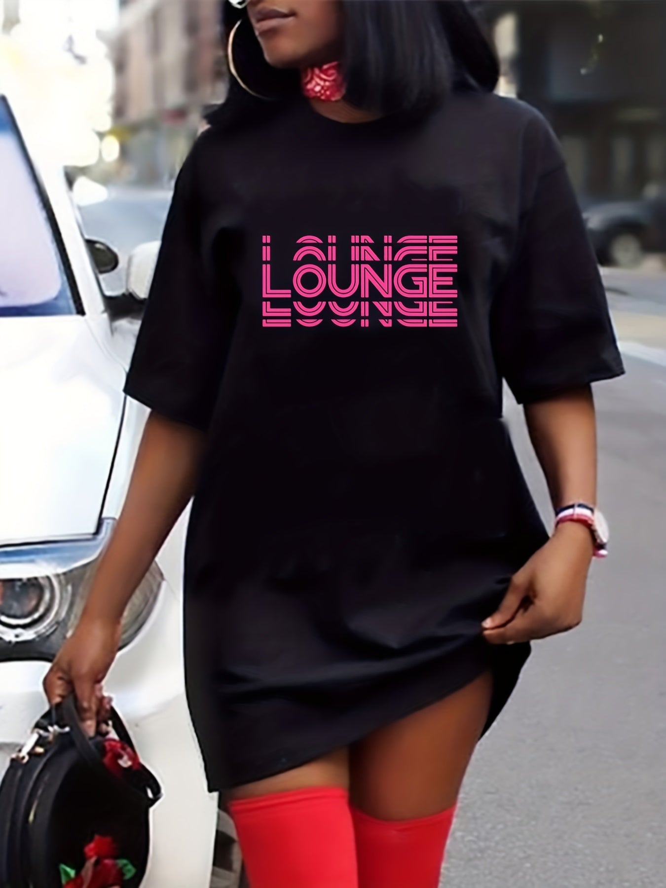 Women's Plus Size Art Letter Print Round Neck Tee Dress