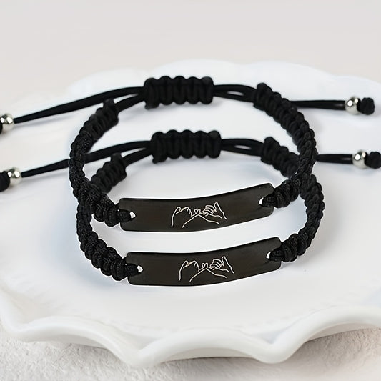 2pcs Valentine's Woven Couple Bracelets with Engraved Tags