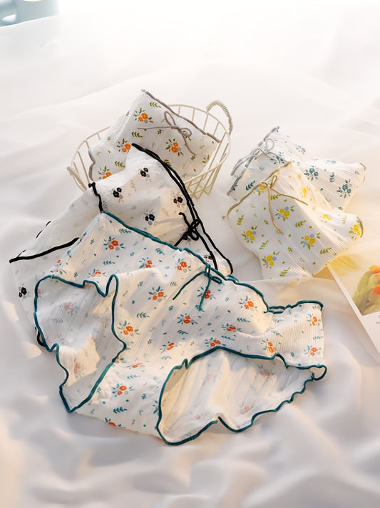 5pcs Floral Print Bikini Panties Comfy & Soft Ribbed Intimates Women's Lingerie