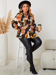  Floral Print Ruffle Trim Lantern Sleeve Peplum Top