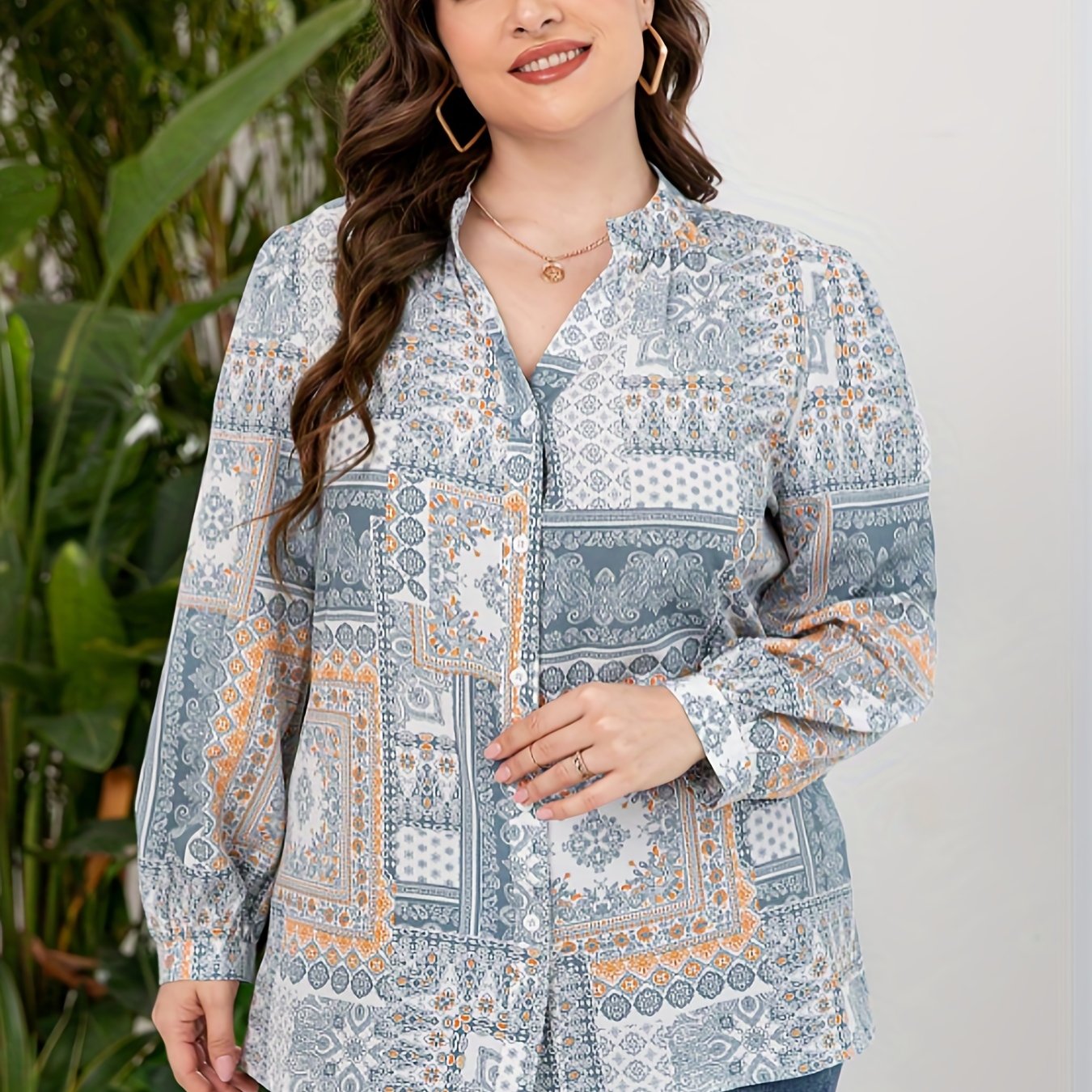  Boho Blouse Women's Plus Scarf & Paisley Print Button Up Top