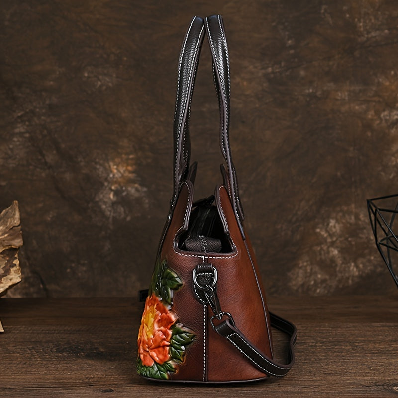 Women's Floral Embossed Leather Crossbody Bag Ethnic Style Coffee & Yellow