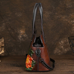 Women's Floral Embossed Leather Crossbody Bag Ethnic Style Coffee & Yellow