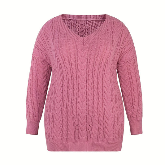  Solid Jacquard Drop Shoulder V Neck Sweater